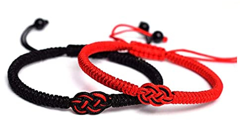 Rhdun Lot de 2 bracelets pour couple pour elle et lui, corde tressée noire et rouge, nœud chinois assorti, bijoux porte-bonheur chaîne réglable, cadeau de Saint-Valentin ou d'anniversaire