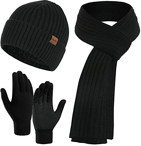 Yutdeng Ensemble Tricotés Bonnet Écharpe Longue e Gants Écran Tactile pour Homme Femme Classique d'hiver Chaud Doublure en Polaire Couleur Unie Chapeau Écharpe Laine Mitaine Ski Noir