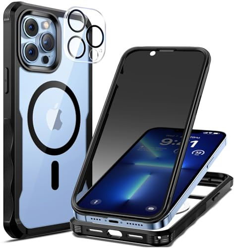 seacosmo Magnetic for iPhone 13 Pro Case with Privacy HD Screen Protector | Compatible with MagSafe, Camera Lens Protector, Full Body Bumper Military-Grade Drop Protection Shockproof Phone Cover, Black