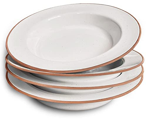 MORA Ceramic Wide Rimmed Soup Bowl 25oz, Set of 4 - For Pasta, Italian, Spaghetti, Dipping Bread, Fancy Dinner etc. Large Plate/Bowls Hybrid For Everyday & Restaurant Use, Large Flat Rim - Vanilla