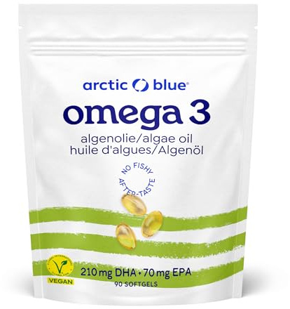 Arctic Blue Oméga-3 Végétal 90 Capsules — 420 mg de DHA + 140 mg d’EPA par Jour — Huile de Microalgues Durable — 100% Vegan, Haute Pureté, Sans Goût, Capsules d’Algues