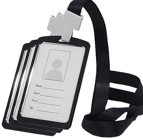 BAWAKO 3er Ausweishüllen Aluminium, ID Kartenhalter mit Umhängeband, Ausweishalter aus robustem Kunststoff, ID Badge Holder (Schwarz)
