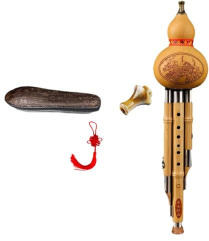 Amagogo Flauta china Hulusi, flauta de cucurbitáceas de calabaza, bambú con estuche, instrumento musical chino de viento de madera para ejercicio, actuación, tecla c