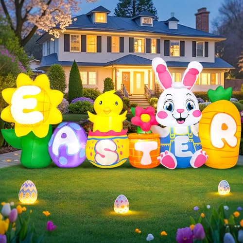 8FT Easter Inflatables Decorations with Egg Chicken Carrot Build-in LED Lights Yard Decor for Lawn Garden Holiday Party