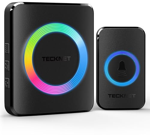 TECKNET Funkklingel, Kabellose Türklingel Funk Set 400m Reichweite, IP65 Aussen Wasserdicht Haustür Klingel mit 1 Plug-In-Empfänger und 1 Sender, Ring doorbell und Klingelknopf Mit LED-Blitz