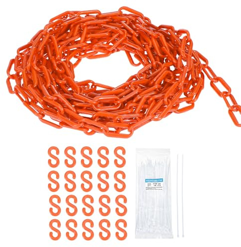 sourcing map Kunststoffkette, 30,5 m, Sicherheitskette, orange, Kunststoff-Kettenglied-Barriere mit Kabelbindern und S-Haken für Menschenmengenkontrolle, Warteschlangenschnur, Zaundekoration