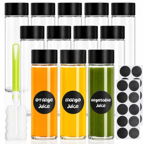 Pumtus 12 Pack Glass Bottles with Lid, 12 OZ Reusable Glass Juice Bottle | 350ml Leakproof Water Beverage Container, Sensory Bottles, for Tea Milk Smoothie, Labels & Sponge Brush Included