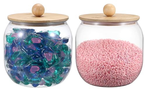 TOLIDA 2PCS Laundry Pods Containers with Bamboo Lid - Clear Plastic Storage Boxes for Laundry Pods, Detergent Pods Holder, PET Storage Container for Washing Pods, bath Bombs