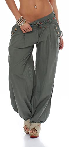 Malito - Damen Haremshose - Leichte Stoffhose aus Baumwolle - Bequeme Hippie Sommerhose für warme Tage - Aladinhose/Pumphose 3417 (Oliv)