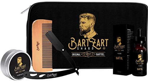 BartZart Bartpflege Set mit Zedernholz I Bart Set 6 tlg. I Rasiermesser mit Wechselklinge, Bartöl, Bartwachs, Bartkamm aus Holz & Kulturtasche I Bartpflegeset Männer