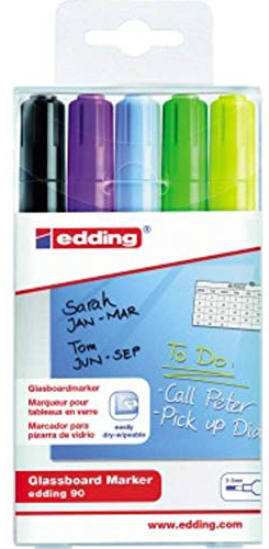 edding 90 Glasboardmarker Set - bunte Farben - 5 Glasboard Stifte - Rundspitze 2-3 mm - Fensterstift abwaschbar - zum Schreiben auf Glasoberflächen wie Fenster, Glasboards - trocken abwischbar