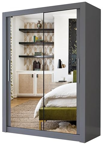 A.C. Milan Modern Double Mirror sliding door wardrobe with LED Light Width 100cm/120cm/150cm/180cm/203cm/250cm (100, Grey)
