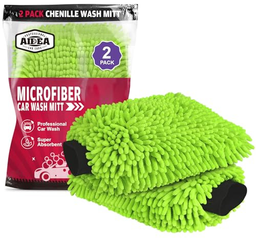 AIDEA Car Wash Mitt Microfiber, 2PK-Scratch-Free& Lint-Free, Premium Chenille Microfiber Wash Mitt-Green Extra Large Size (8''X12'')
