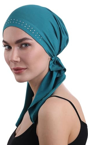 Deresina Elegantes Chemo Bandana Damen – Bambus Kopftuch Haarausfall Chemotherapie Alopezie – Kopfbedeckung Turban Tichel Schädelkappe (Juwelenbesetztes Blaugrün - Einheitsgröße)