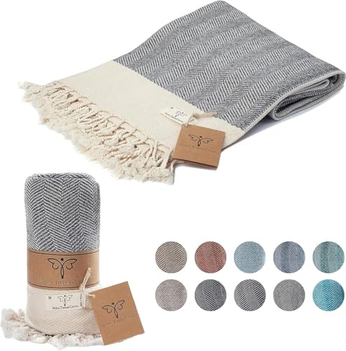SMYRNA TURKISH COTTON Herringbone Series - Manta 100% algodón, tamaño Grande, 127 x 152 cm, Fabricada en Turquía, Lavable a máquina, Toalla de baño y Alfombra de Picnic de Lujo Premium, Color Gris