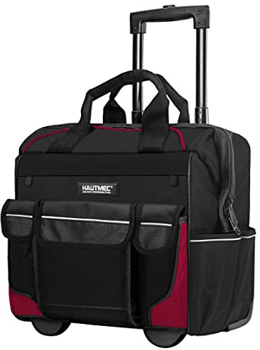 HAUTMEC 14.5 Rolling Tool Bag on Wheels, Heavy-Duty Tool Bag with High-Density Oxford Fabric, Oversized Off-Road Wheels, Wide-Mouth Design, 25-Pocket, Double Zipper & Telescoping Handle - HT0179
