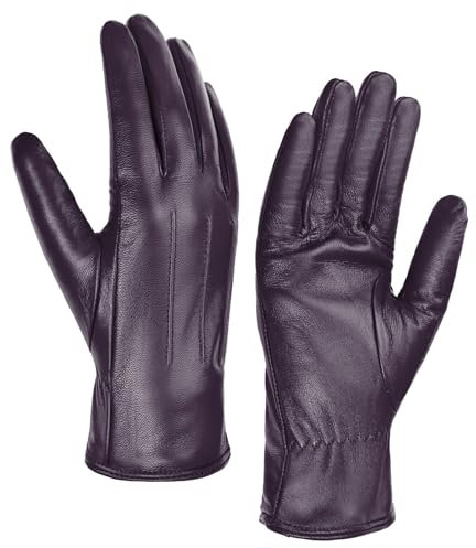 Harssidanzar Damen Lederhandschuhe Winter Warmes Kaschmirfutter Touchscreen Vintage Finished GL017EU,Lila, Größe M