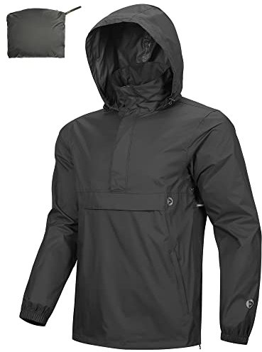 Outdoor Ventures Herren Regenjacke Wasserdichter Pullover mit Kapuze Packbare Reflektierende Jacke Leichte Fahrrad Windjacke Atmungsaktive Softshelljacke für Wandern Laufen Outdoor Schwarz L