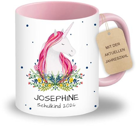 LOOXIS Personalisierte Tasse für Kinder mit Namen, Text & Motiv bedruckt – 325ml, Keramik, versch. Farben – Geschenkidee Jungen, Mädchen, Einschulung, Kindergarten – Rosa, Einhorn