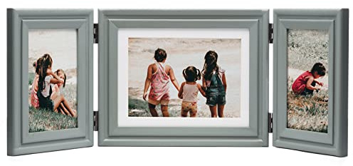 WISADD 3 Vertical Horizontal 4X6 and 5X7 Picture Frames Hinged Wood Folding Photo Frames with Real Glass Front Fit for Desktop or Tabletop, Gray XHUI-V46H75V46