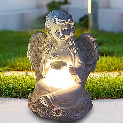 Demiawaking Gartendeko Angel Elf Figur mit LED Solar, Solarleuchte für Außen, Wasserdicht Gartenfiguren Elf Skulptur Fee Garten Statue, Deko Lampe für Outdoor Indoor (Mädchenengel)