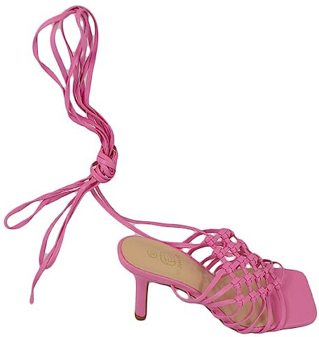 Sandali Donna Tacco Alto a Spillo Comodo Fucsia Fantasia Uncinetto alla Schiava con Lacci Punta Quadrata Moda Eventi (39 EU)