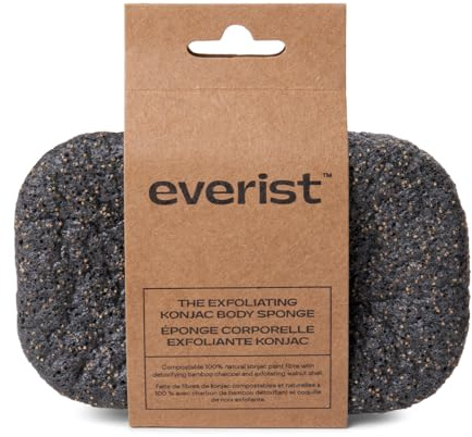Everist The Exfoliating Konjac Body Sponge, Natural, Reusable, Compostable Bath Sponge for Sensitive Skin, Charcoal Cleansing, 60+ Uses, 1 Each