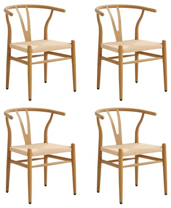GrandCA HOME 4er-Set Esszimmerstühle,Gewebte Küchenstühle mit Rattan-Sitzkissen und Metallbeinen,Vintage-Stühle für Küche und Esszimmer（Eiche Farbe） Metallrahmen
