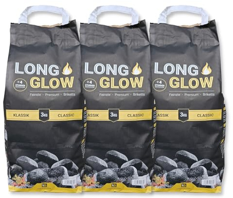 9kg Long Glow Premium Grillbriketts Kohle Manufaktur Grillbrikett Premium Brikett Holz Kohle Grill Lange Brenn-& Glutdauer 4h Grillbriketts 100% Made in Germany Energie Kienbacher (9kg)