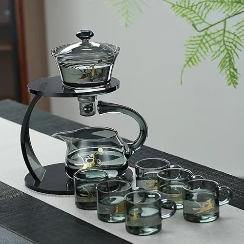 Fire Kirin Glass Teapot Set Semi Automatic Drip Rotating with Infuser Chinese Heat-Resistant Lazy Kungfu Tea Set (Grey Deer, Teapot Set)
