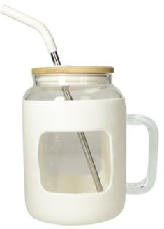 Brandani 51485 Jarra Curvy blanco cristal con pajita de acero inoxidable/silicona y tapón de bambú