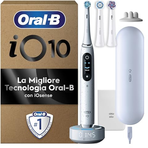 Oral-B iO 10 Cepillo de Dientes Eléctrico Blanco, con 3 Cabezales y 1 Estuche Cargador de Viaje, Diseñado por Braun
