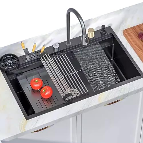 Waterfall Sink Black Kitchen Sink 304 Stainless Steel Sink 100cm Large Single Bowl Commercial Sink Black Faucet All Accessories Included (Size : 100x52x25cm)