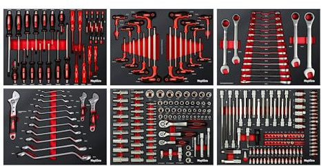 Mephisto Werkzeugeinlagen Set Ratschen, Steckschlüssel, Schraubendreher | Innensechskant T-Griff, Maul-Ringratschenschlüssel, gekröpfte Ring- und Rollgabelschlüssel in Soft Inlay mit Carbon Lock