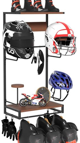 GHWMYD Porte Casque Moto Mural, Support Casque Moto Rétro pour Accrocher 4 Casquette de Moto et la Veste au Mur, Accessoires de Rangement pour Moto, Support Mural pour Gilet Tactique