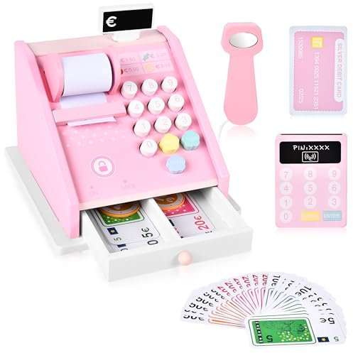 Aragallant Spielkasse aus Holz mit Scanner und 31 Zubehör - Kaufladen Zubehör Kasse für Rollenspiel und Geschenk für Kinder