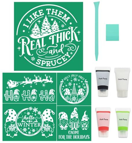 8PCS Christmas Tree Silk Screen Stencils,Mini Christmas Chalk Paste for Transfers Stencil Winter Self Adhesive Stencils Reusable for Painting on Wood,Fabric,Home Decor,Chalk Paint Mini Squeegees Set