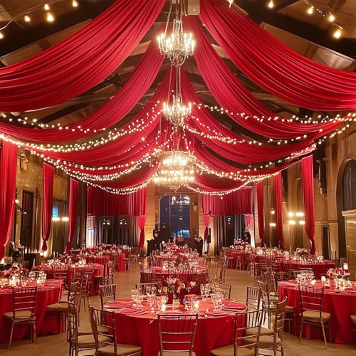 4 Panels 5x20ft Red Ceiling Drapes for Wedding Parties, Wrinkle Free Thick Polyester 20ft Extra Long Wedding Draping Red Ceiling Curtains Arch Drapery