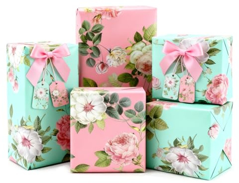 Jaitdne 6 Flower Wrapping Paper Sheets with Gift Tags and Ribbons Birthday Paper Gift Wrap