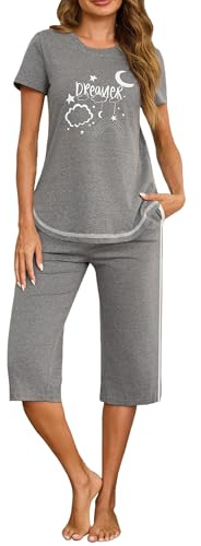 Terecey Pigiama Donna Corto Estivo Pigiami 2 Pezzi in Cotone Cómodo Casual Top Maniche Corte e 3/4 Pantaloni Leggero Traspirante Set Pigiama con Tasca e Cintura Elastica para Casa