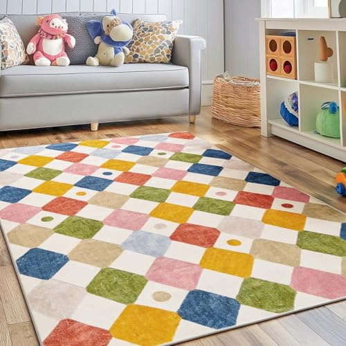 TOPICK Teppich Wohnzimmer Waschbar Kurzflor Weich Modern Rauten Teppich 120x180cm Geometrischer Antibakterieller Faltbar rutschfest Schlafzimmer Kinderzimmer Wohnzimmer Flur Badezimmer Bunt