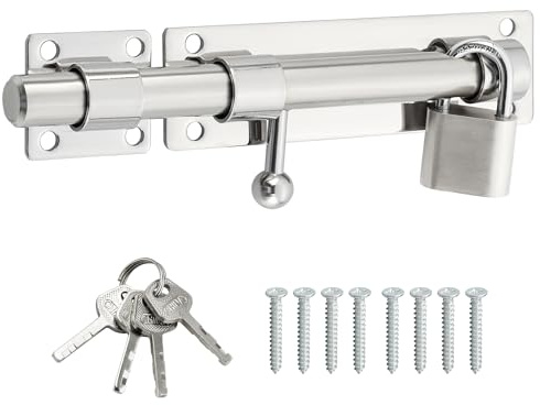 SAYAYO Slide Gate Latch Bolt Safety Door Lock with Padlock & 4 Keys 180MM | Heavy Duty Solid SUS304 Stainless Steel Brushed, 16MM Dia Bar