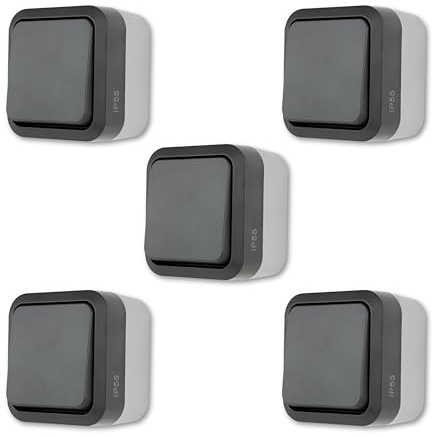 REV AquaStorm Sparset – 5 x pulsadores – Interruptor de luz para ambientes húmedos IP55, unipolo, empotrable, 230 V, 10 A, color antracita