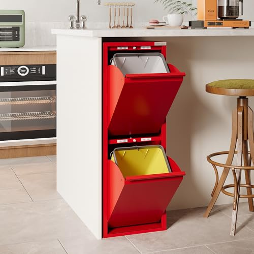 VEEHAUS Küchen Mülltrennsystem, Metall Müllschrank, Klappfach (2 x 15 L) | Freistehend & vormontiert, Einzeln öffenbare Klappen, Magnetische Außenfläche, Herausnehmbare Eimer, 30 L •Rot