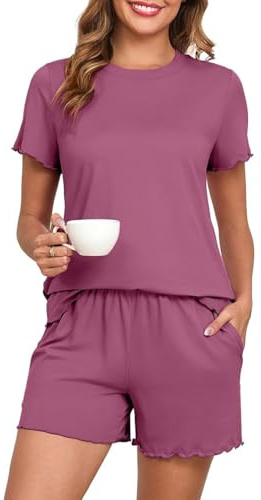PrinStory Pigiama da donna con tasca e collo rotondo, maglietta corta, estiva, casual, Viola Rosso, M