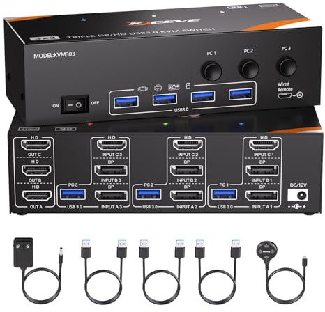 Switch KVM 8K@60Hz 3 PC 3 monitor, Triple Monitor KVM Switch 4K@144Hz per 3 computer che condividono 3 monitor e 4 dispositivi USB 3.0, incluso alimentatore, telecomando via cavo e cavo USB