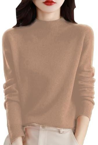 Generisch Damen Kaschmirpullover Warme Kaschmirpullover Tops Rundhals Warm Leicht Langarm Weich (Camel,XXL)