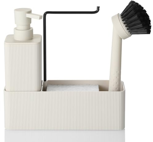 AJEUNGAIN Set de Dispensador de Jabón con Esponja, Cepillo, Soporte para Paños de Cocina - Accesorio Práctico y Elegante para el Fregadero (Beige, 4 en 1)