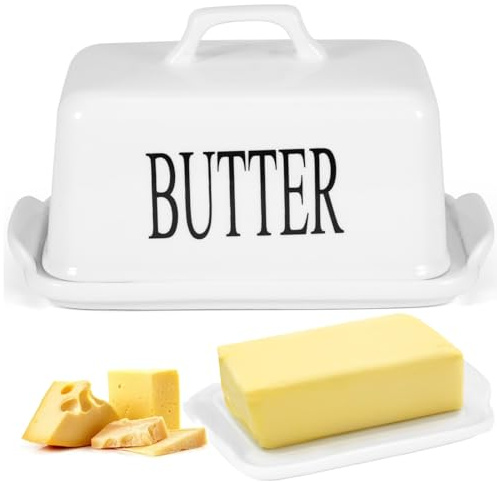 Butter Dish with Lid, Large Ceramic Butter Storage Container for 500g UK Butter Block, Butter Cover with Carrying Handle