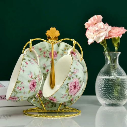 Service à thé et Soucoupe en Porcelaine Anglaise avec Motif Floral, Style Pastoral, 2 pièces (Style G, 220 ML)